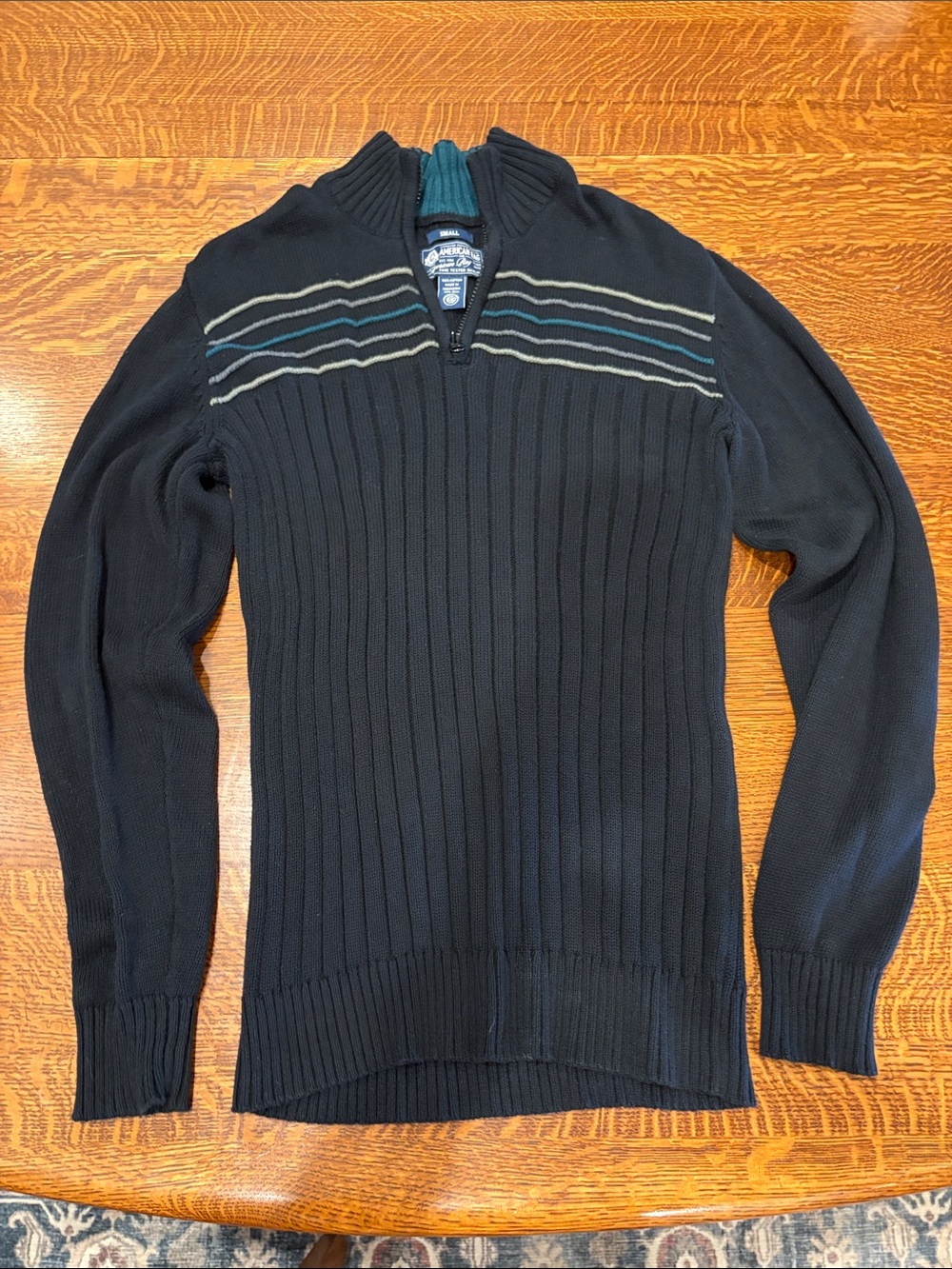 American Rag Men’s size S Black Ribbed Half-Zip Sweater w/ Teal & Gray Stripes